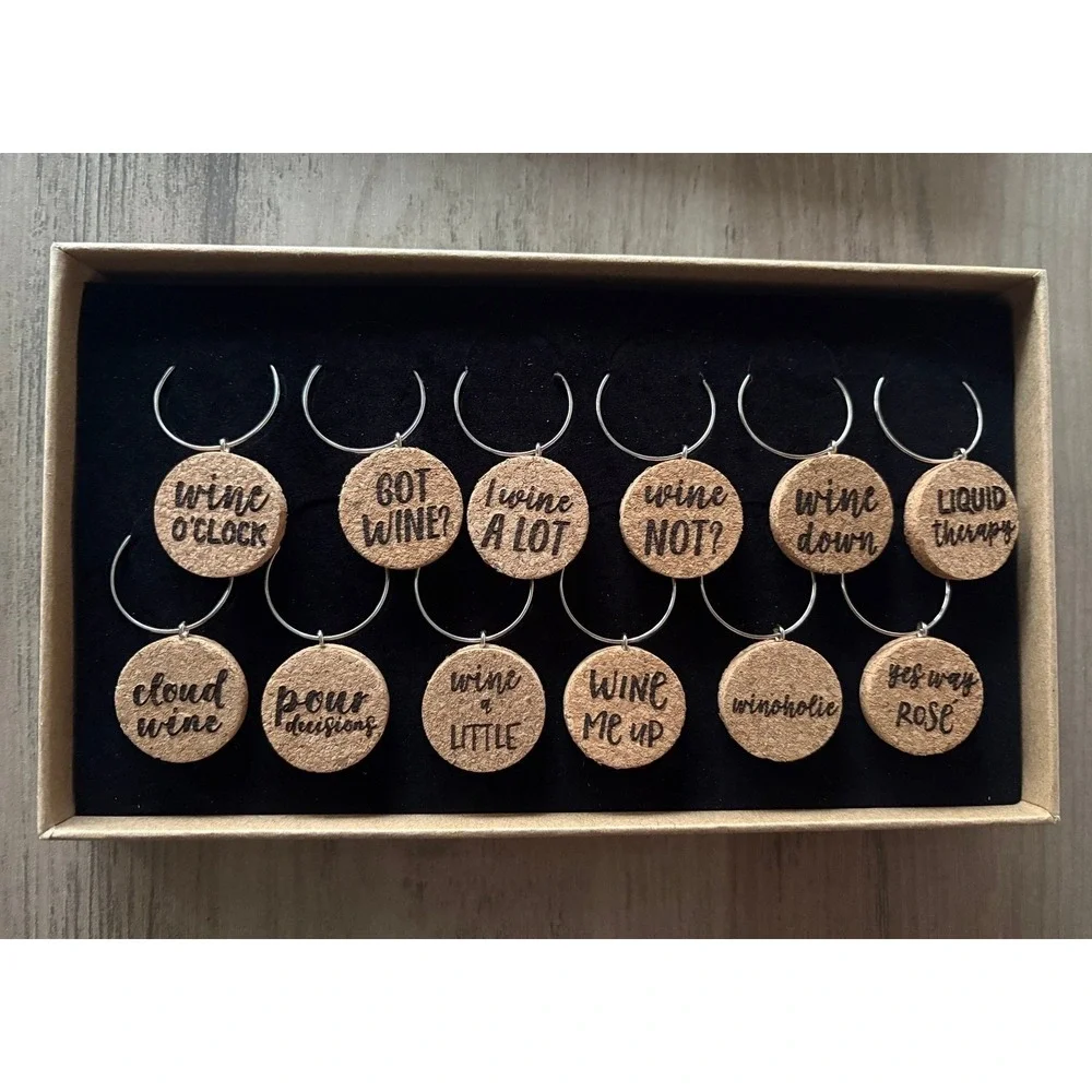 NEW 12pc Cork Wine Glass Charms Set Punny Drink Markers Hostess Gift